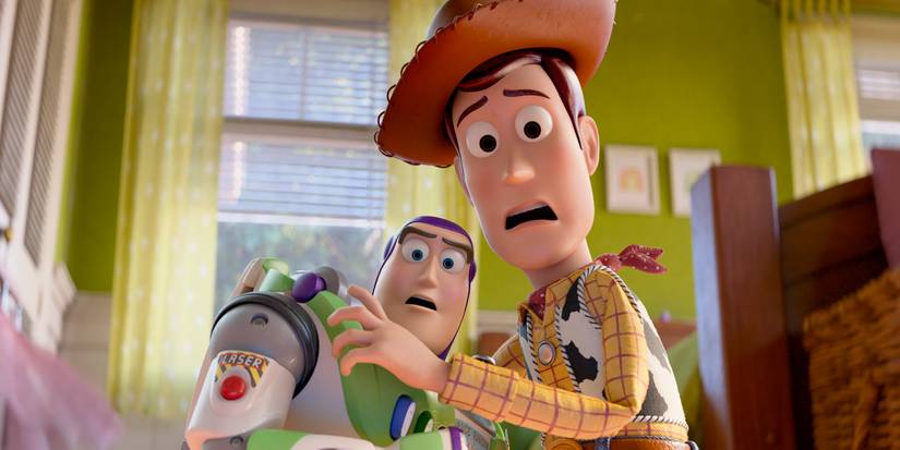 Woody and Buzz looking terrified in Toy Story 5.