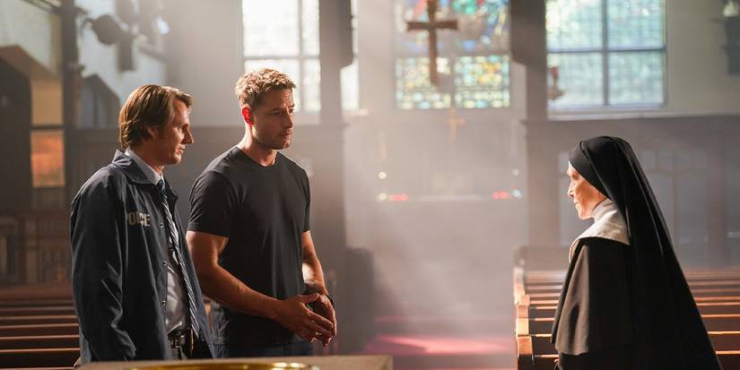Detective Dundee (Derek Richardson) and Colter Shaw (Justin Hartley) speak with Sister Barbara (Karin Konoval) in the 'Tracker' episode "First Fire"
