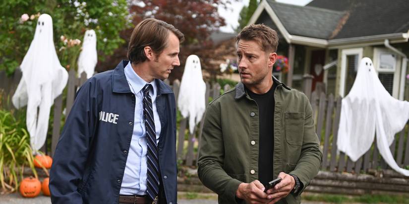 Detective Dundee (Derek Richardson) and Colter Shaw (Justin Hartley) in the 'Tracker' episode "First Fire"