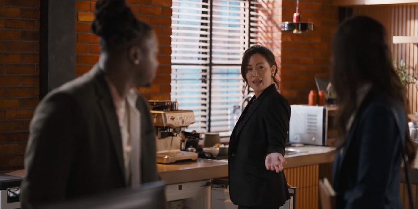 Reenie Greene (Fiona Rene) introduces Randy (Chris Lee) to Mel Day (Cassady McClincy Zhang) in the 'Tracker' episode "First Fire"