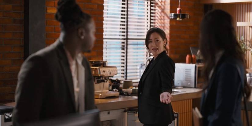 Reenie Greene (Fiona Rene) introduces Randy (Chris Lee) to Mel Day (Cassady McClincy Zhang) in the 'Tracker' episode "First Fire"