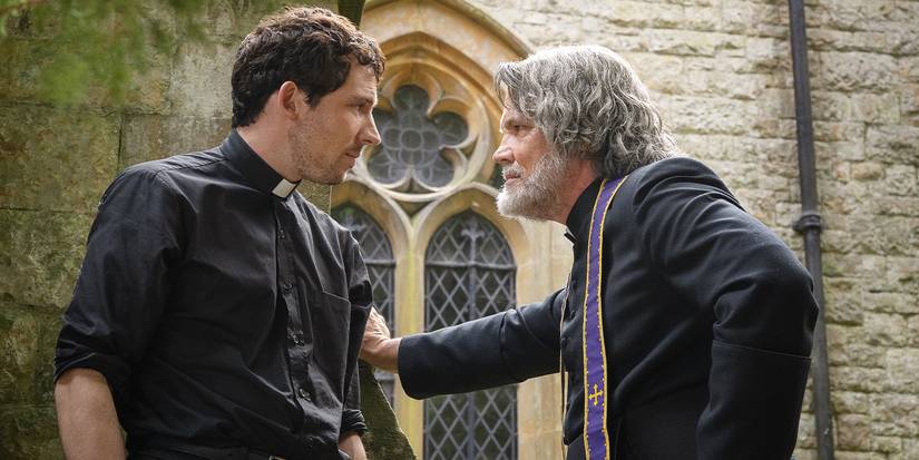 Josh O'Connor as Jed and Josh Brolin as Jefferson outside a church in Wake Up Dead Man: A Knives Out Mystery.