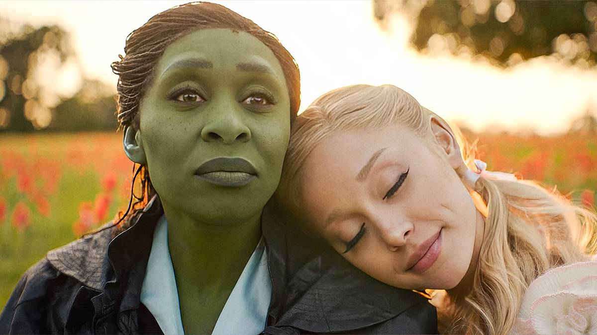 Cynthia Erivo and Ariana Grande as Elphaba and Glinda while in a meadow looking towards the horizon in Wicked: For Good.
