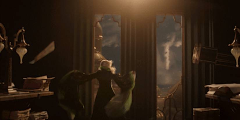 Madame Morrible (Michelle Yeoh) conjures up a tornado in 'Wicked: For Good.'