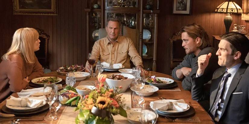 John Dutton (Kevin Costner) sits at the head of the table beside his daughter Beth (Kelly Reilly) and sons, Kayce (Luke Grimes) and Jamie (Wes Bentley), on 'Yellowstone'