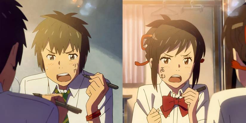 The protagonists of the anime movie Your Name in a side-by-side shot.