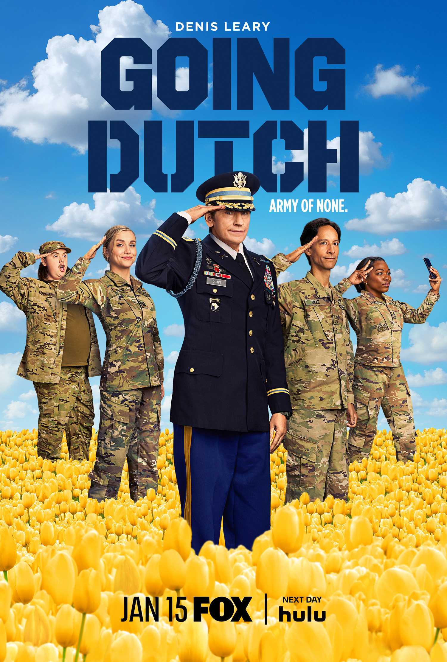The key art for season 2 of Going Dutch, featuring Hal Cumpston, Taylor Misiak, Denis Leary, Danny Pudi, and Laci Mosley.