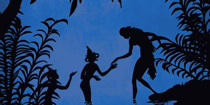 Two shadowy figures meet a taller figure in a marshy area in 'The Adventures of Prince Achmed'