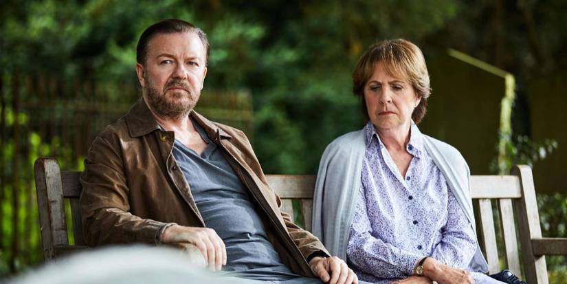 Tony dan Anne duduk di bangku bersebelahan di After Life