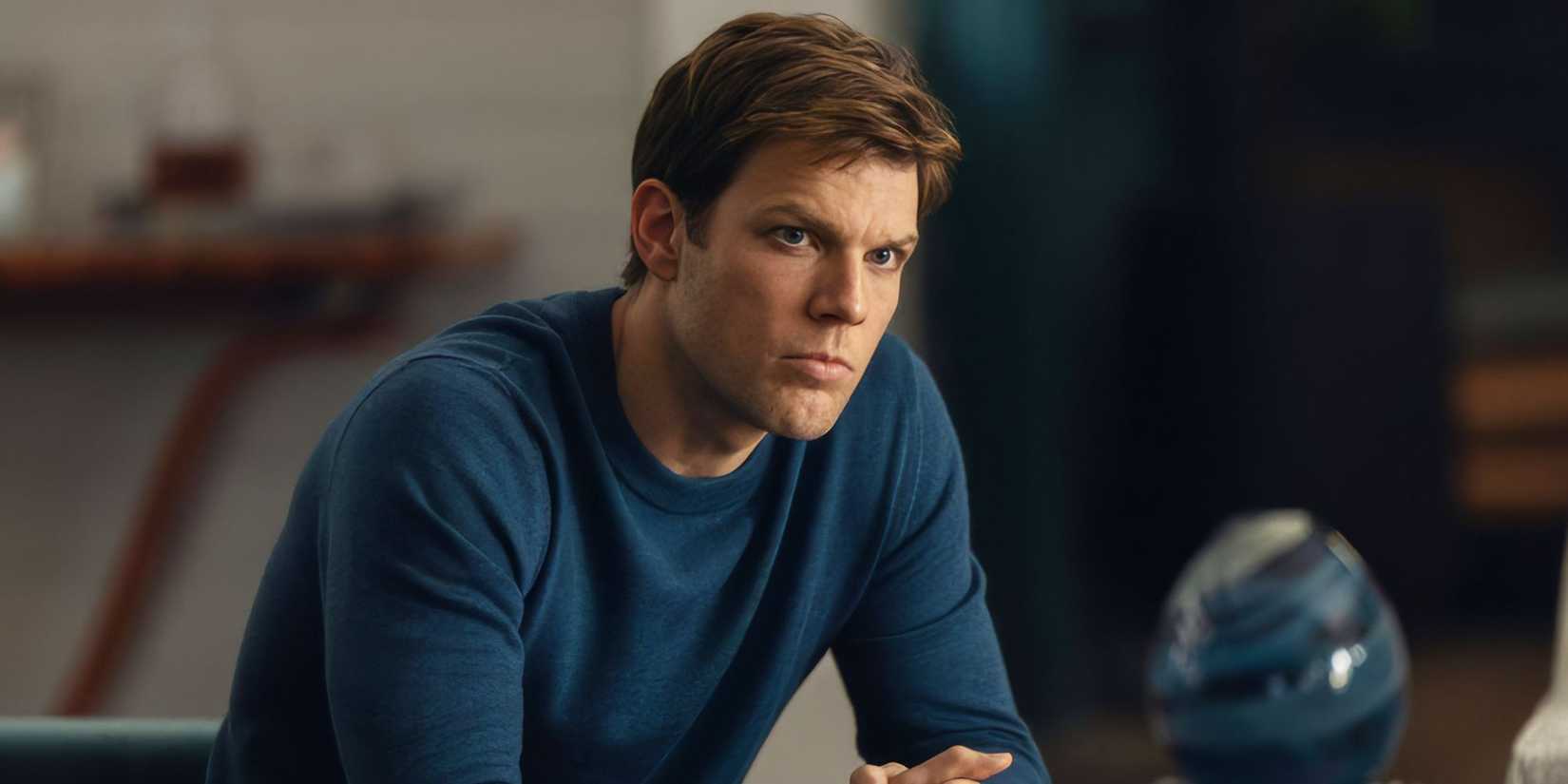 Jake Lacy sits looking concerned in All Her Fault.