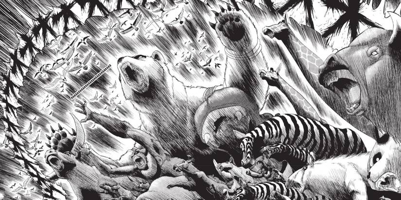 Sekumpulan hewan menyerang di manga Animal Land