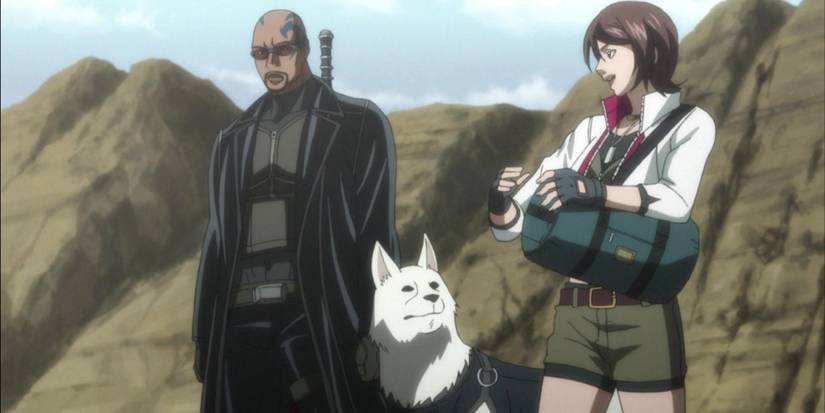 Blade, seekor anjing, dan seorang gadis berdiri di ngarai berbatu bersama di anime Blade.
