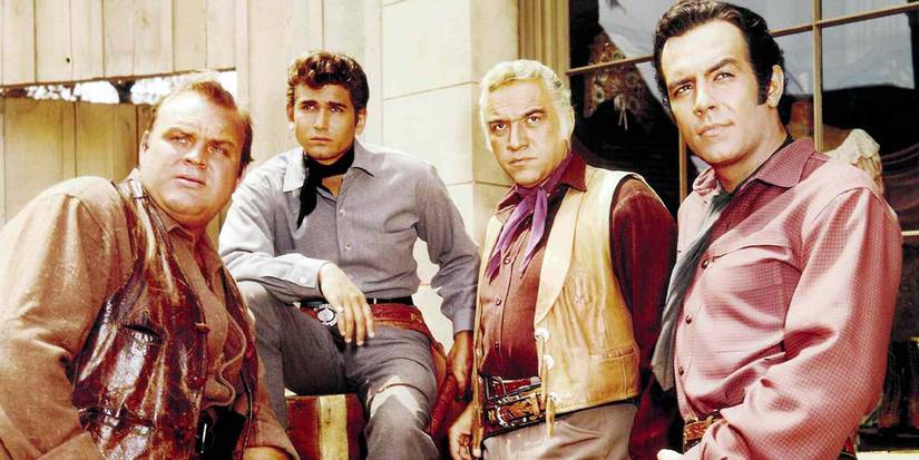 Dan Blocker as Hoss Cartwright, Michael Landon as "Little Joe" Cartwright, Lorne Greene as Ben Cartwright, and Pernell Roberts as Adam Cartwright on 'Bonanza'