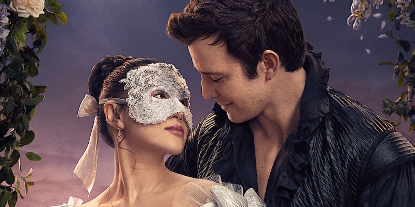 Sophie Baek (Yerin Ha) and Benedict Bridgerton (Luke Thompson) look at each other in the 'Bridgerton' Season 4 poster.