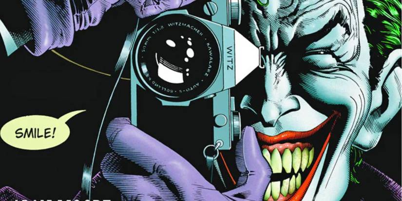 Close-up shot of Joker taking a photo saying, "Smile!" in Batman: The Killing Joke DC Comics