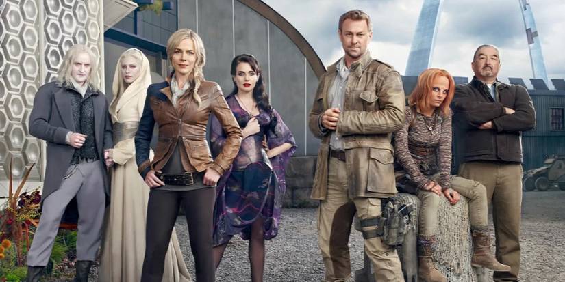 The cast of 'Defiance,' including, Tony Curran as Datak Tarr, Jaime Murray as Stahma Tarr, Julie Benz as Amanda Rosewater, Mia Kirshner as Kenya Rosewater, Grant Bowler as Joshua Nolan, Stephanie Leonidas as Irisa Nyira, and Graham Greene as Rafe McCawley.