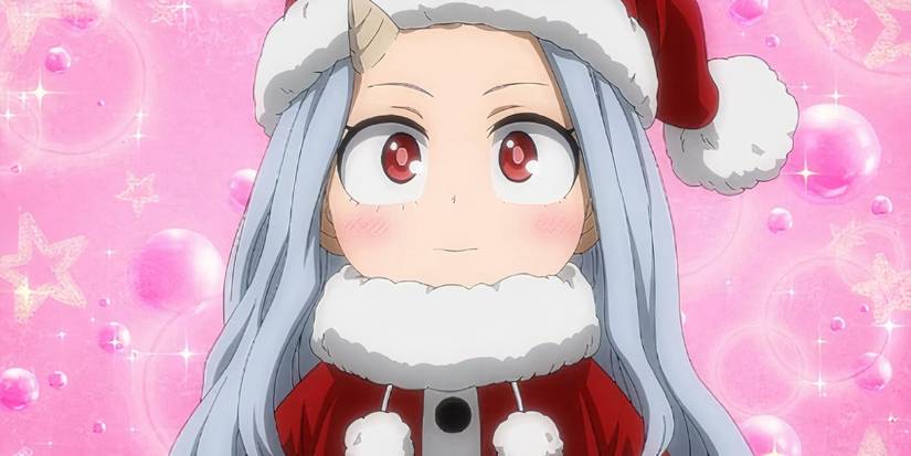 Eri dressed as Santa Claus with a pink bubbly background in My Hero Academia