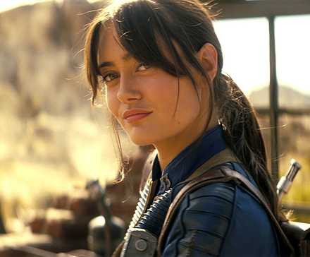Ella Purnell as Lucy smirking in the Wasteland in Fallout Season 2.