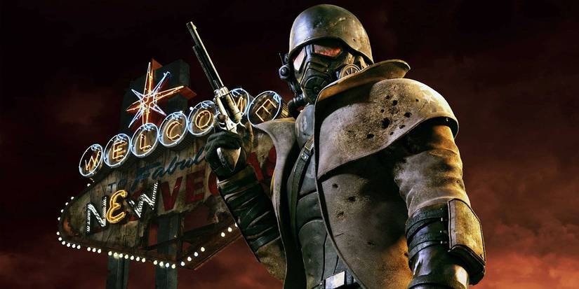 The Courier in front of the New Vegas sign.