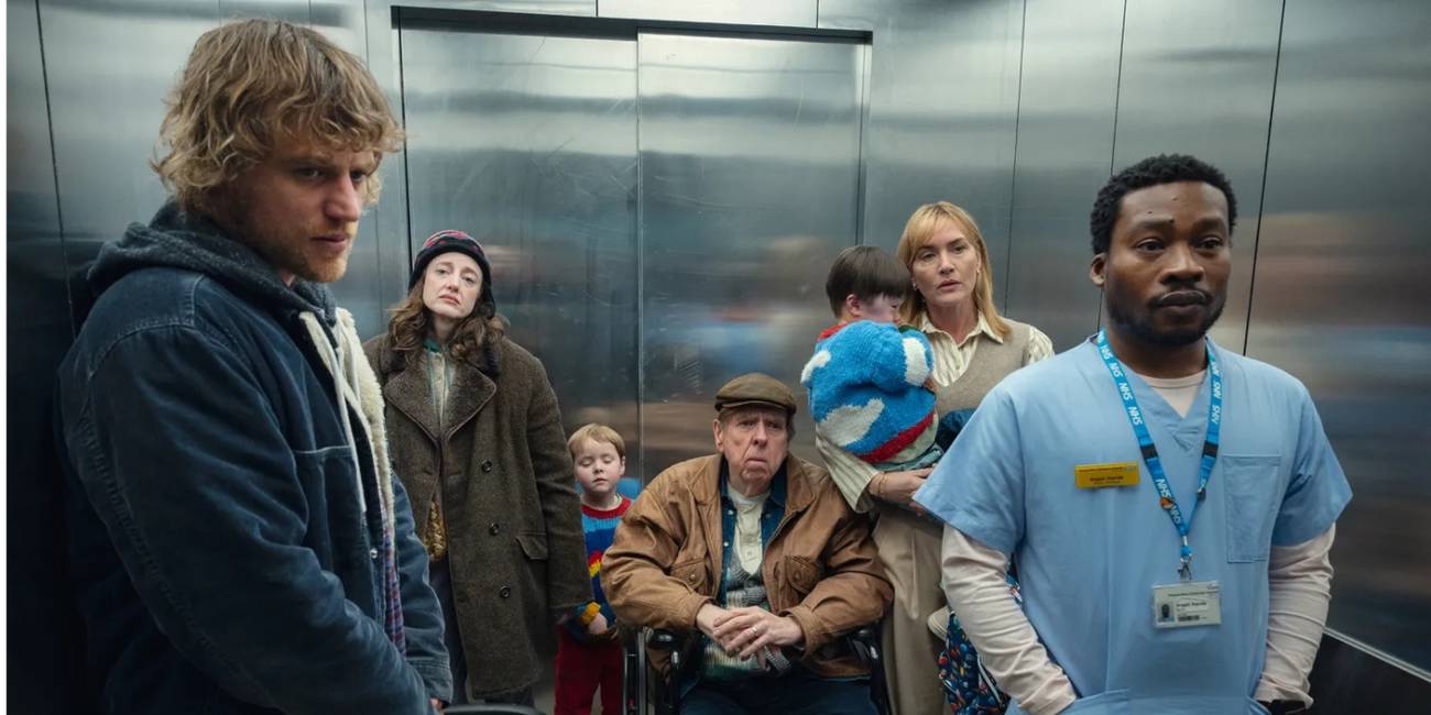 The cast of 'Goodbye June' in an elevator. 