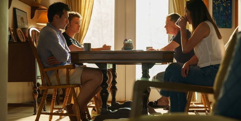 Connor Storrie as Ilya with Hudson Williams as Shane as he comes out to his parents on Heated Rivalry.