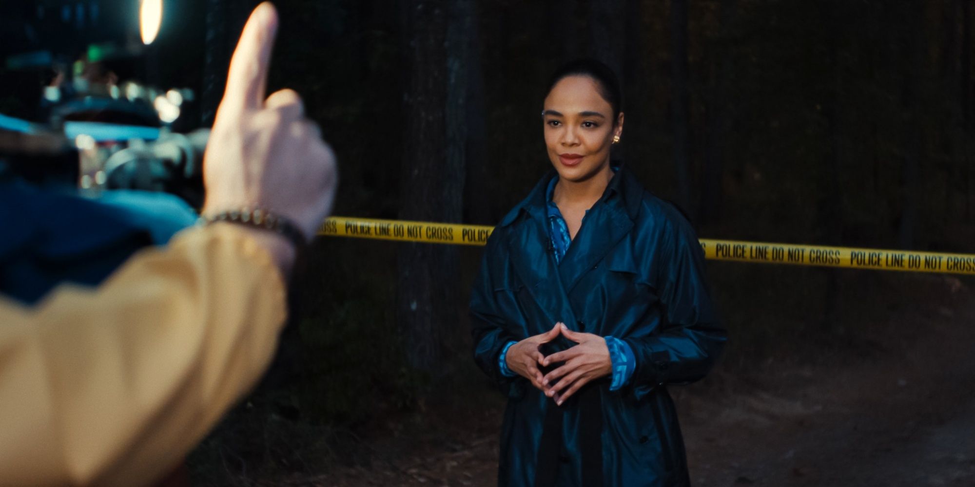 Tessa Thompson as Anna Andrews going live to report on a murder in Dahlonega in His & Hers.