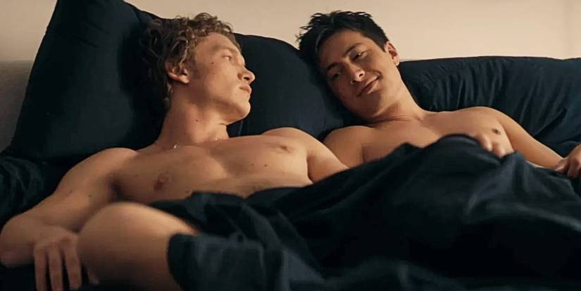 Shane Hollander and Ilya Rozanov lying in bed together in Heated Rivalry Episode 5