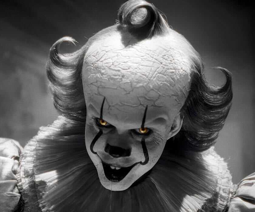 Pennywise grinning in a black-and-white flashback in IT: Welcome to Derry