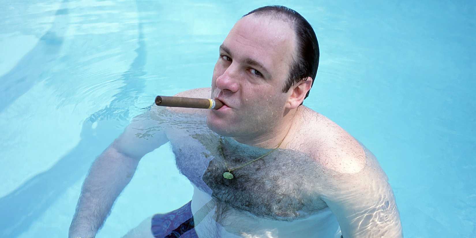 James Gandolfini smoking a cigar and looking into the camera from a pool for The Sopranos