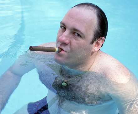 James Gandolfini smoking a cigar and looking into the camera from a pool for The Sopranos