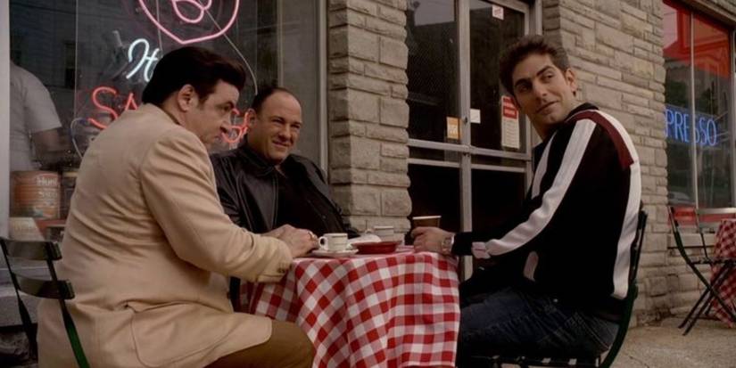 Tony, Christopher, and Silvio sitting by Satrialle's in 'The Sopranos'