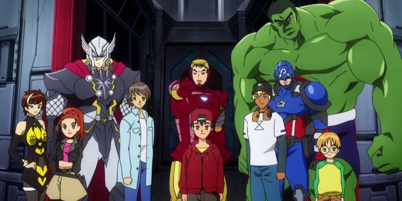 The Avengers bersama sekelompok anak di 'Marvel Disk Wars: The Avengers'