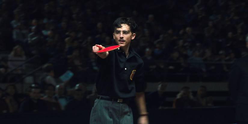 Timothée Chalamet as Marty Mauser playing table tennis in Marty Supreme