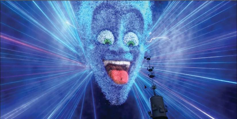 Megamind's drones assemble to create a giant replica of his head.