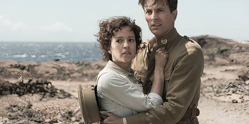 A woman embraces a Spanish soldier in the desert in 'Morocco: Love in Times of War'