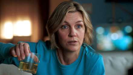 Rhea Seehorn in a blue shirt, sitting and holding a drink while looking ahead in Pluribus.