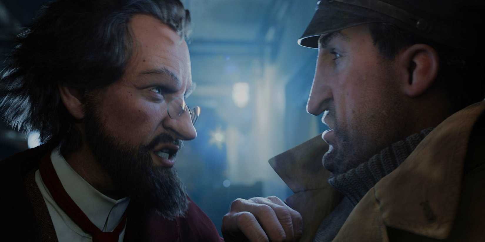 Sakharine, voiced by Daniel Craig, argues intensely with another character in The Adventures of Tintin.