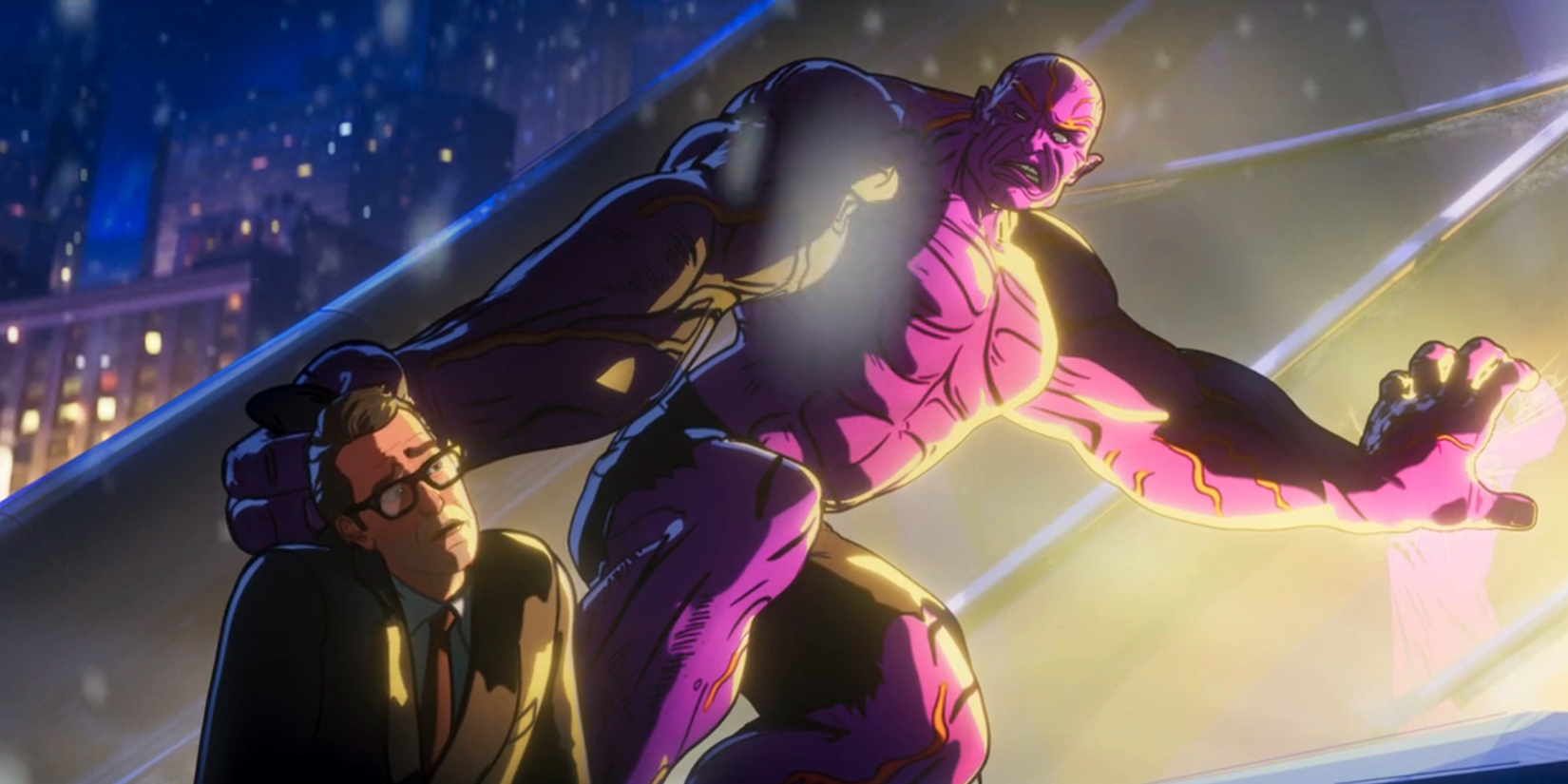 Hulk Happy (Jon Favreau) holds Justin Hammer (Sam Rockwell) in What If...?