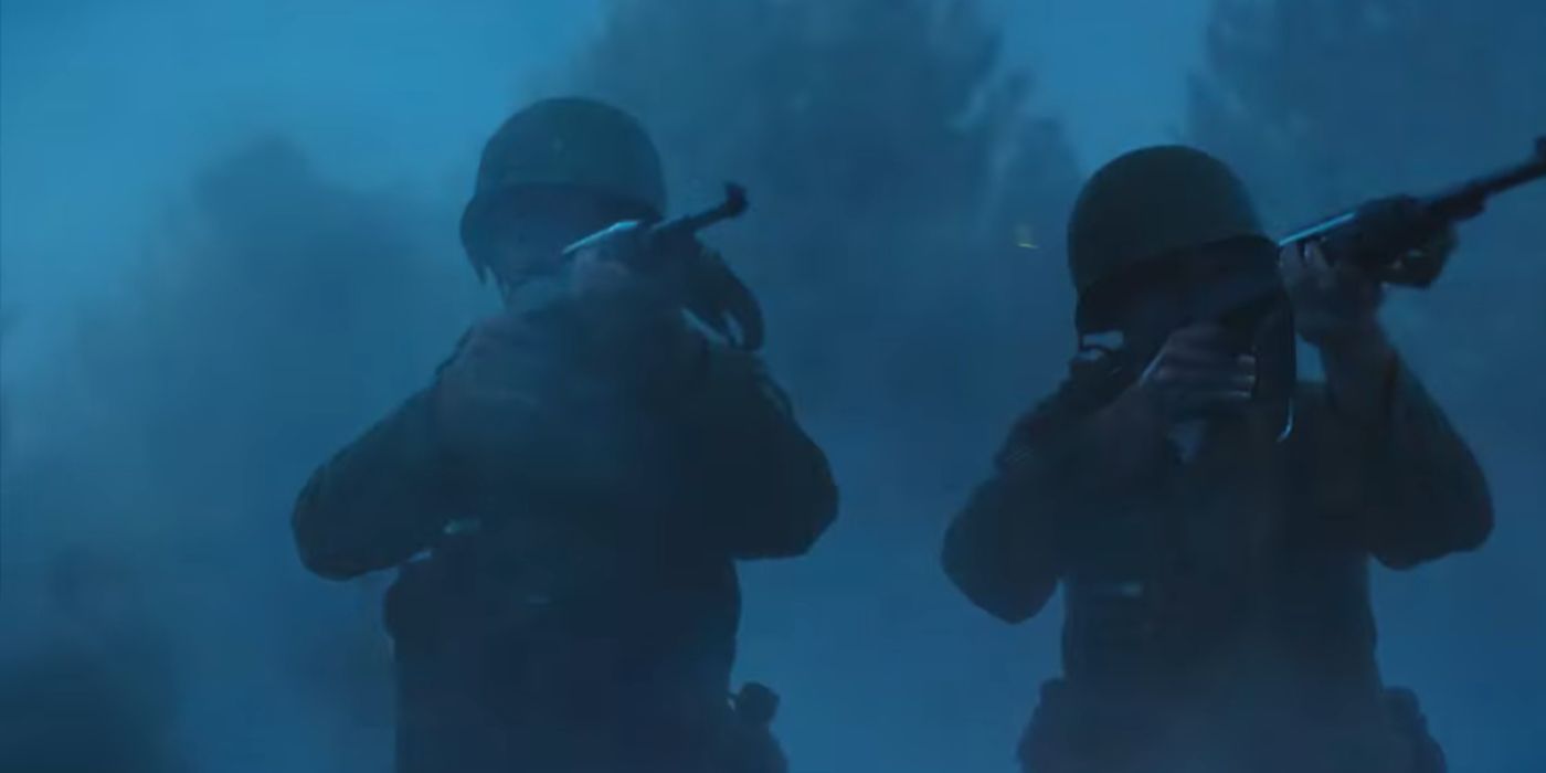 Soldiers with their guns raised in 'IT: Welcome to Derry'