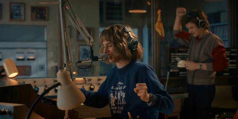Maya Hawke as Robin and Joe Keery as Steve on the radio on 'Stranger Things' Season 5.