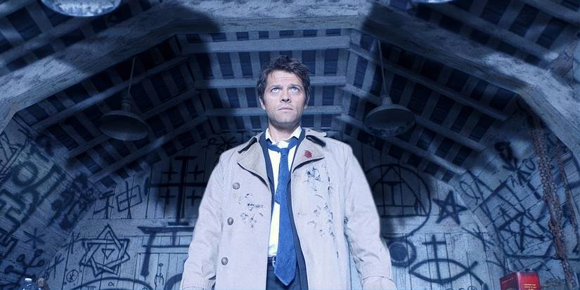 Supernatural's Castiel stands under a graffiti-covered overpass with a shadow of his wings on the walls