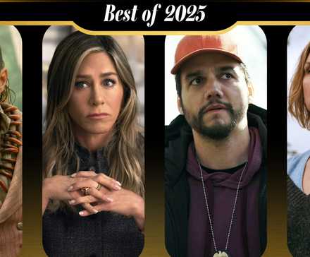 A “Best of 2025” banner sits above four promo-style character images representing performances from Jason Momoa in Chief of War, Jennifer Aniston in The Morning Show, Wagner Moura in Dope Thief, and Rhea Seehorn in Pluribus