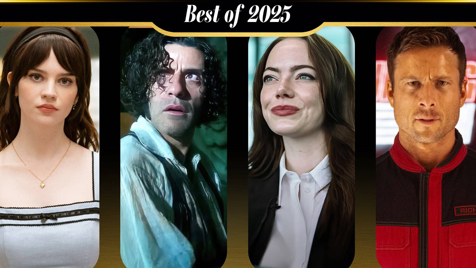 “Best of 2025” banner featuring four lead performances from sci-fi films: Emma Stone (Bugonia), Robert Pattinson (Mickey 17), Emma Stone (Bugonia), and Glen Powell (The Running Man)