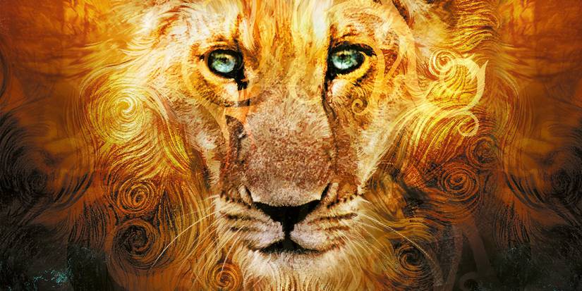 A great lion looks past the camera in The Chronicles of Narnia series.