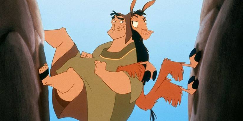 Kuzco and Pacha scale the walls of a narrow valley together, back to back in The Emperor's New Groove. 