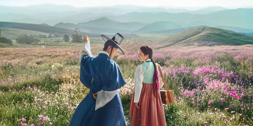 Yook Sung-jae and Kim Ji-yeon face away and smile shyly at each other on the poster for The Haunted Palace.