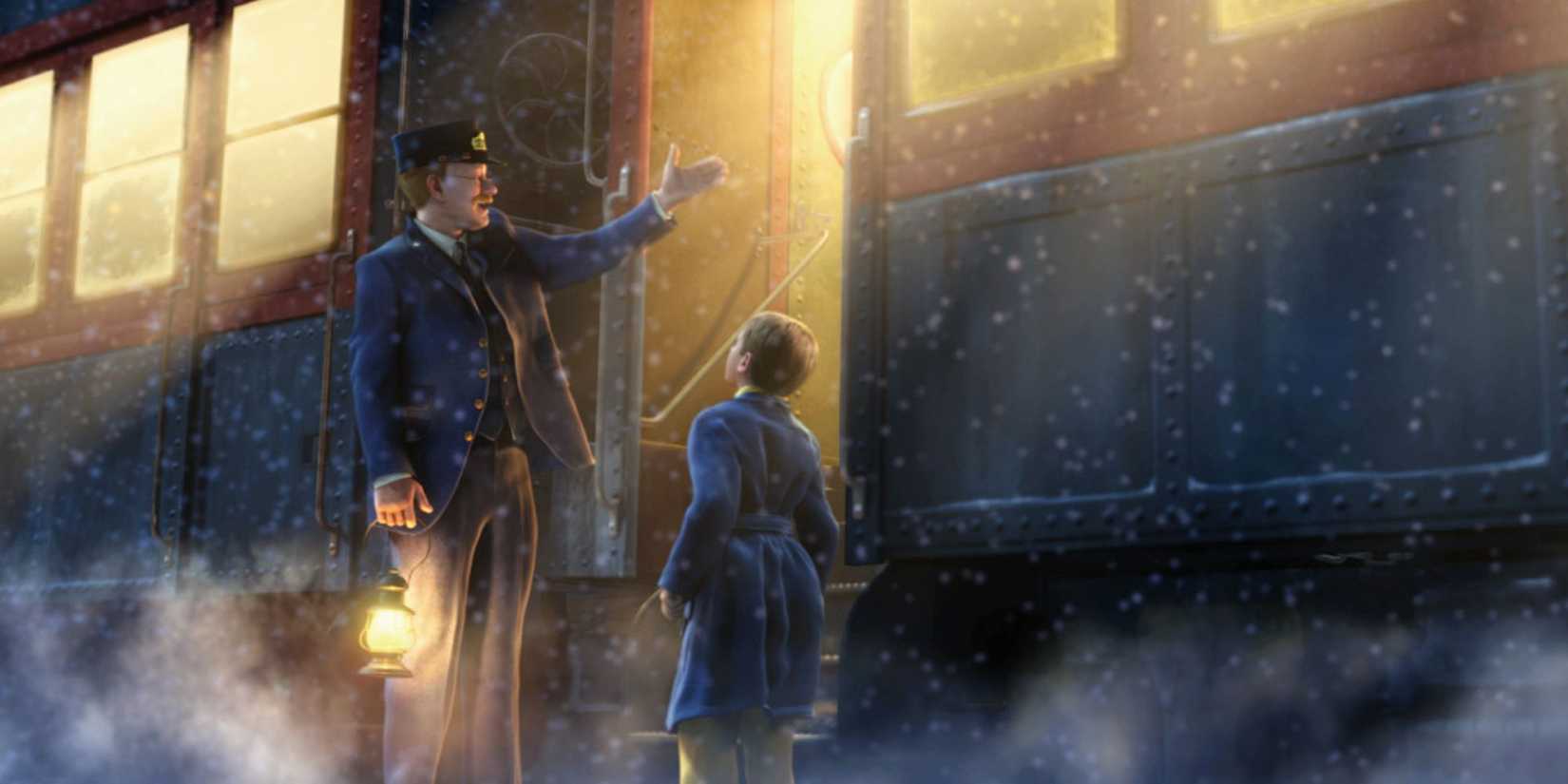 A train conductor welcomes a young boy in pajamas onto a magical train in The Polar Express.