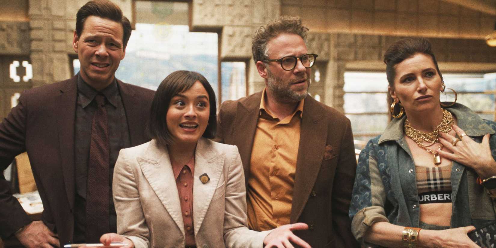 Four of the cast from The Studio, including Seth Rogen, look in the same direction with mixed expressions.