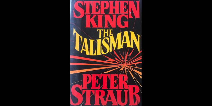 Shattered glass with text on the book cover for The Talisman by Stephen King and Peter Straub.