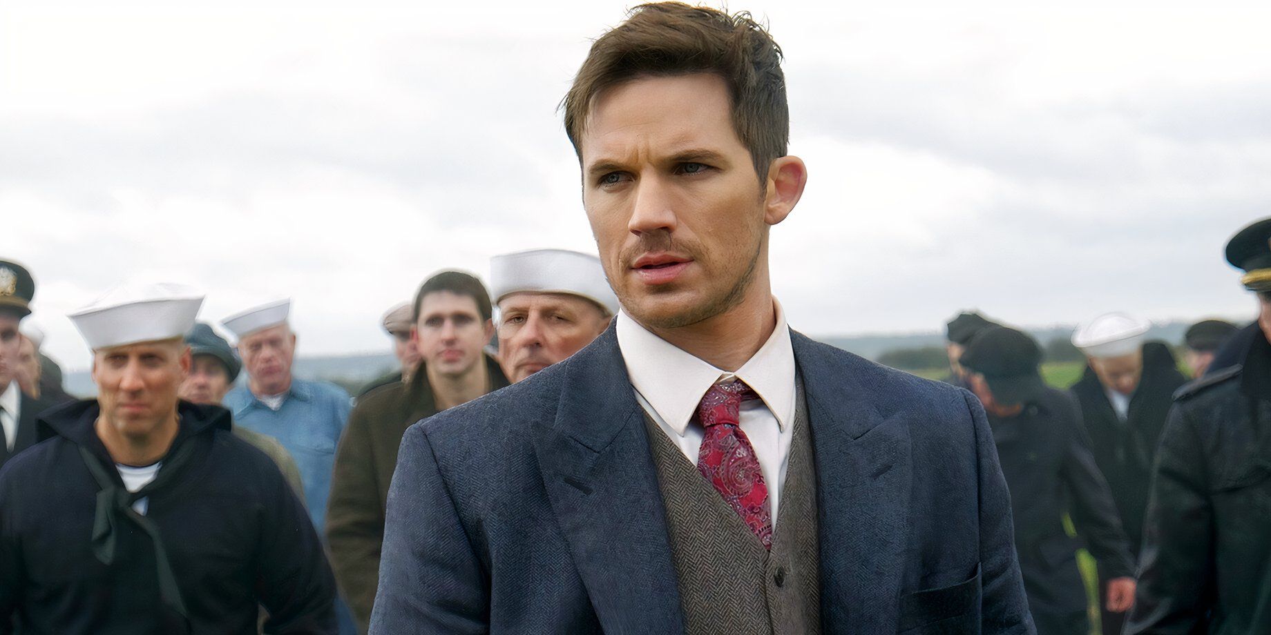 Matt Lanter as Wyatt looking serious in Timeless.